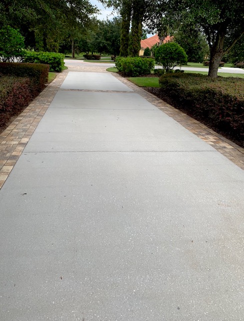 A concrete driveway with brick border and landscaping.