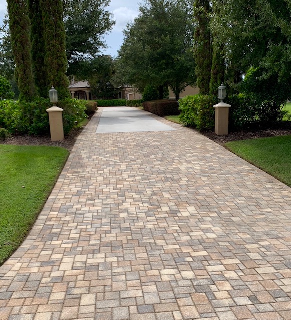 A brick driveway with grass and trees around it.