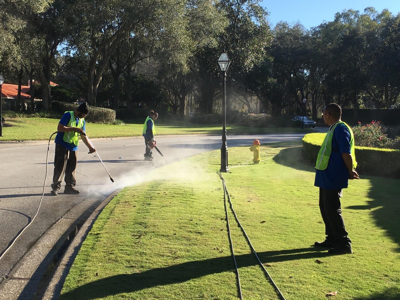 A group of people watering the grass with water hoses.